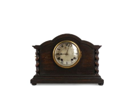 EARLY 20TH CENTURY OAK REPEATER MANTEL CLOCK, two train movement, silvered dial with Roman numerals, the oak architectural ca