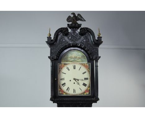 VICTORIAN EBONISED LONGCASE CLOCK, with three train eight day movement, the pillared blind fretted hood with dentil moulded s