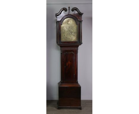 EARLY 19TH CENTURY SCOTTISH LONGCASE CLOCK, by John Law of Beith, the pillared hood with broken swan neck pediment and urn fi