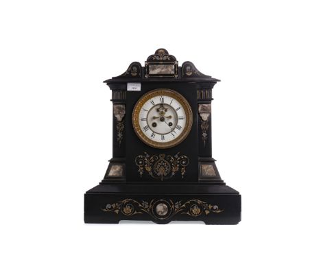 VICTORIAN BLACK SLATE AND GRANITE MANTEL CLOCK, with two train eight day movement, visible escapement, the white enamel dial 