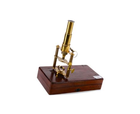 19TH CENUTRY FRENCH BRASS MONOCULAR MICROSCOPE, designed for blood counting, with two parallel supports for the body, 23cm hi