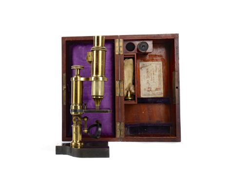 LATE 19TH CENTURY BRASS MONOCULAR MICROSCOPE BY JAMES BROWN, of Glasgow, with two objectives, in fitted case
