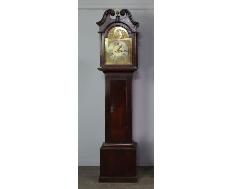 EARLY 19TH CENTURY AND LATER LONGCASE CLOCK, the hood with swan neck pediment enclosing an enlarged arched brass dial with Ro