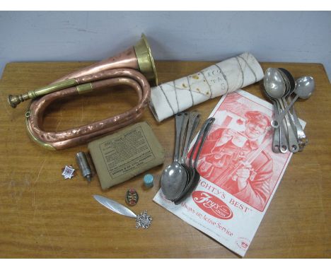 A 1912 Church Lads Brigade Brass and Copper Bugle, together with WWI and WWII items including twelve 'Naafi' stamped spoons, 