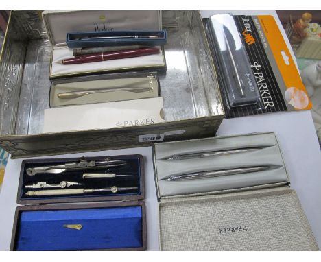 Sheaffer Pen, with 14K nib (no lid), Parker and other pens, geometry set. 