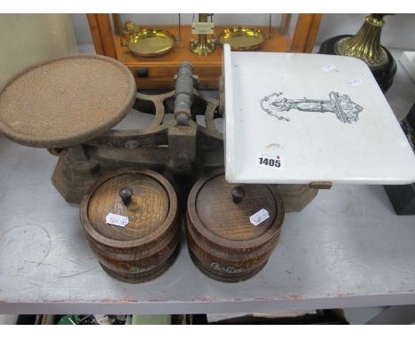 XIX Century Cast Iron Shop Scales, together with a pair of 1920's oak tea / coffee caddy. 