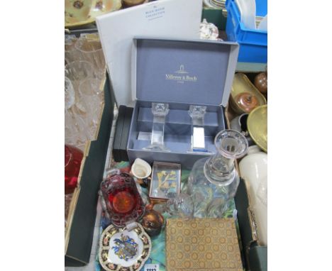 A Pair of Villeroy &amp; Boch Crystal Candlesticks (Boxed), decanter, Royal Crown Derby pin dish, Beswick Beneagles Whisky bo