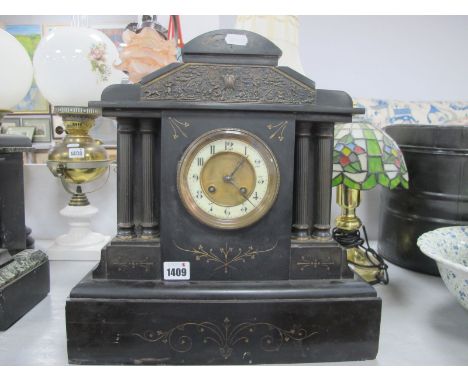 XIX Century Prints, black slate mantle clock with circular dial, Arabic numerals, column supports.