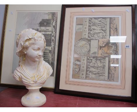 A Past Times Bust of A Young Girl, print of St Paul's Cathedral and architectural print. (3) 