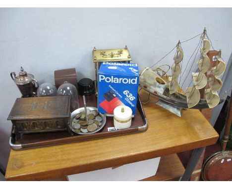 An Oak Jewel Coffer, plated trophy, coinage, Ross Ensign plus Polaroid cameras, etc:- One Tray.