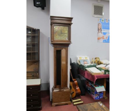 XVIII Century Style Oak Longcase Clock, the hood with a stepped pediment, the brass dial, with Roman and Arabic numerals, the