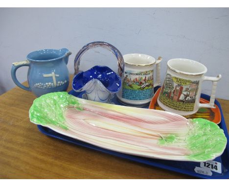 A Poole 'Delphis' Dish, pottery joke mugs, glass basket, Royal Winton dish, etc:- One Tray.