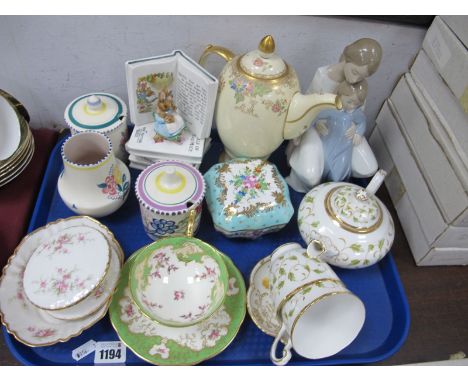 A Nao Figurine, Schmid Beatrix Potter musical figure, Coalport, Royal Chelsea, Poole, etc:- One Tray.