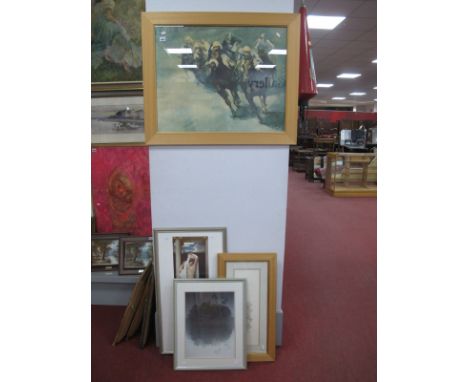 Geldart Limited Edition Print, 391/600 of horses and jockeys, signed bottom right; John Skeading print, a Tate Gallery poster