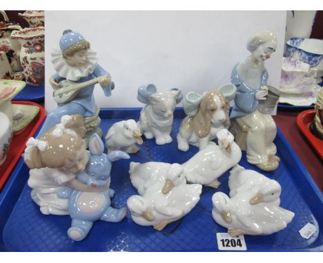 Nao Pottery Figures of Clowns, Child with Rabbit, Puppy, Ducks, etc:- One Tray