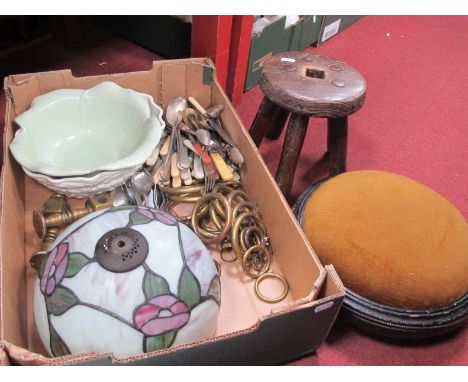 A XIX Century Ebonised footstool, Tiffany style shade, cutlery, Spode bowl etc, XIX Century brass curtain rings, etc:- One Bo