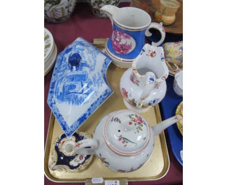 A XIX Century Blue and White Transfer Printed Shaped Bowl and Cover, with lion knop, a XIX Century floral teapot and cover, l