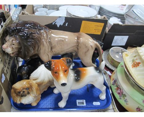 Large Melba Ware Model of a Roaring Lion, other cat and dog figures:- One Tray