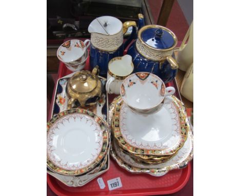 XX Century Blue Pottery Teapot, a water jug, with gilt highlights, early XX Century Gladstone China plates, cake plate etc :-