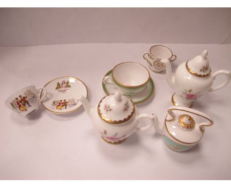 Coalport Birbeck Rose miniature teapot, coffee pot, Spode miniature cup saucer, miniature Spode Kettle.