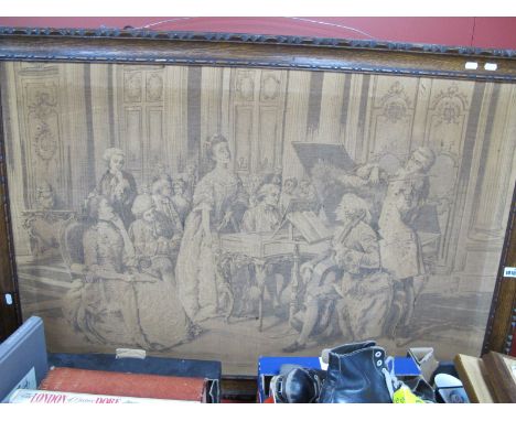 Large Tapestry Featuring Early XIX Century Musical Scene, in oak frame, 83.5 x 121.5cm overall. 
