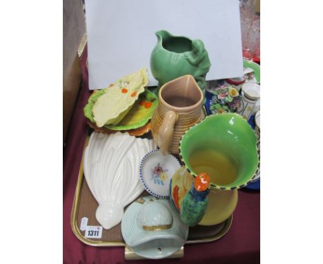 Sylvac Jug Vase, No 1969, Burleigh jug with parrot handle, other jug, wall pockets, leaf dishes, Poole dish:- One Tray.