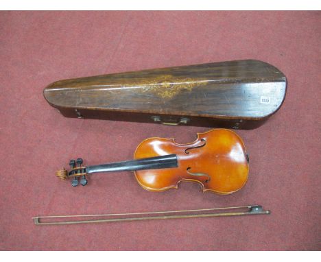 Violin, Anton Becker copy of Antonius Stradivarius, two piece back with detached neck and bow, in inlaid case (end absent).