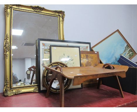 A Gilt Rectangular Famed Wall Mirror, circular wall mirror, map, wooden picture, teat tray, print (6)