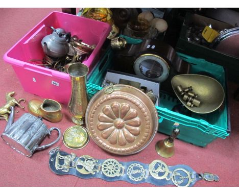 Brassware, plated and pewter teapots, scales, mantle clock:- Two Boxes