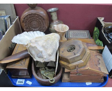 Collectable Wooden Items, including a Shell lamp, music boxes, brassware:- One Tray