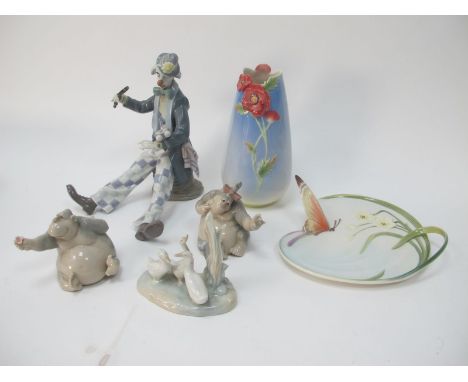 Franz Porcelain Vase and Dish, two Nao comical monkey figures, Lladro 'Checking the Time' figure (damaged) .- One Tray