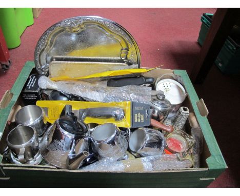 Swan Brand Chrome Willoware Tea Service, ashtrays, carving knife, etc:- One Box.