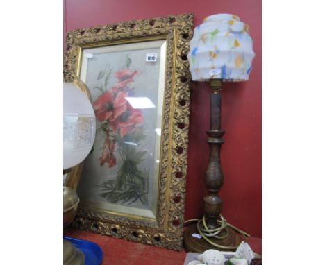 A c1930's Art Deco Table Lamp, turned wooden base with mottled glass shade together with an oil painting of poppies in  ornat