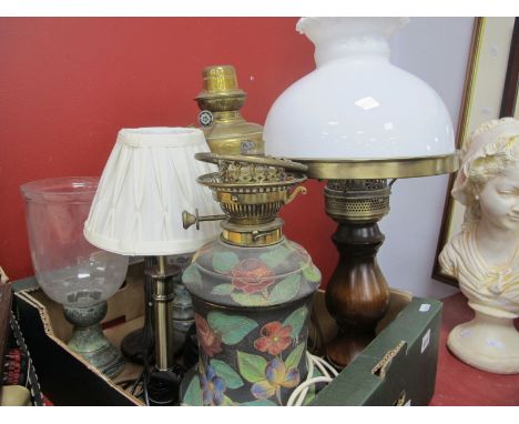 A XIX Century Brass Oil Lamp, (converted to a table lamp), painted table amp, table lamps, etc:- One Box.