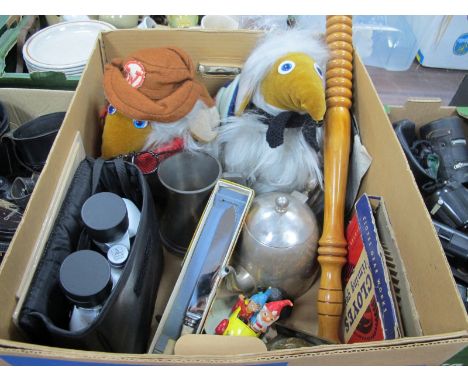 Two Womble Soft Toys, Praktika 10 x 50 binoculars, Turner teapot, bedside clocks, Corgi comics, Noddy's car, etc:- One Box