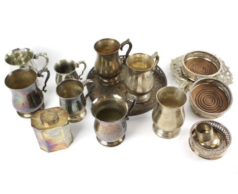 An assortment of silver plated wares. To include goblets, two wine bottle coasters, tea caddy, etc