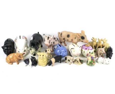 A collection of assorted figures of pigs. To include ceramic money banks, figure groups, etc