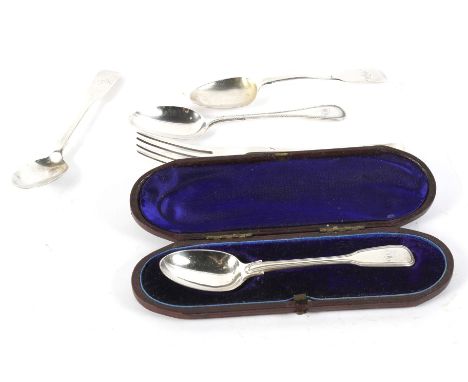 A selection of Victorian and later silver flatware. Comprising a cased spoon, three teaspoons and a fork, combined weight app