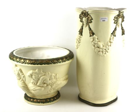 A contemporary ceramic jardiniere stand and an umbrella stand. Both decorated with classical motifs, some in gilt, the umbrel