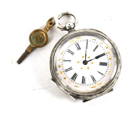 An early 20th century silver cased fob watch. The white enamel dial with Roman numerals and decorated with pink and gilt deta