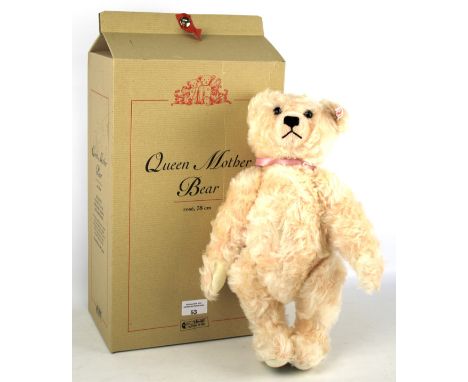 A Steiff Royal commemorative bear, 'Queen Mother, 1900-2002'. Pink mohair with felt paws and a black stitched nose, H38cm, in