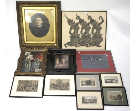 An assortment of pictures and prints. To include a portrait of a lady in period dress, engravings, etc, most being mounted in