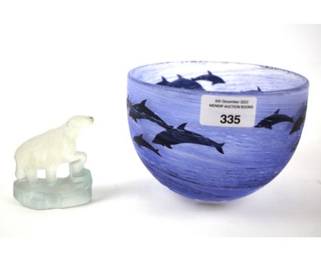 A Swedish glass Malcolm Sutcliffe studio bowl and a frosted glass figure of a polar bear. The bowl decorated with dolphins wi