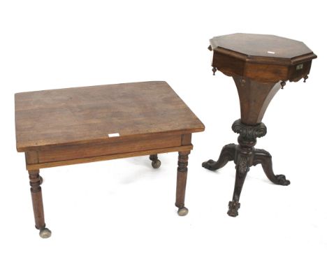 A Victorian mahogany sewing table and a side table. The sewing table of octagonal form, raised upon cabriole tripod supports,