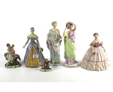 A collection of 20th century Continental porcelain figures. Including pieces by Capodimonte, largest H31cm Condition Report: 