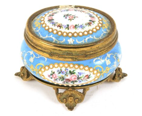 A 19th century gilt-metal mounted enamel bombe-shaped pin box and cover. Enamelled with floral wreaths within jewelled cartou