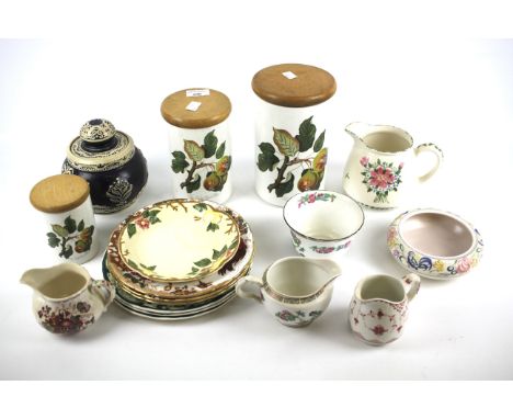 An assortment of 20th century and later ceramics. Including Portmeirion lidded pots, a Poole dish, etc