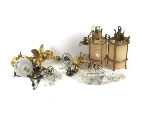 Two pairs of light fittings. Comprising a pair of cherub lustre drop lights and other pair of cylindrical glass examples