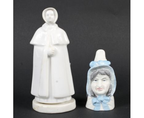 Two candle snuffers. Comprising a 19th century Derby (Sampson Hancock) candle snuffer modelled as Elizabeth Fry and a 20th ce