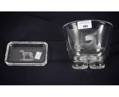 An engraved Orrefors glass vase and a glass pin dish. The vase of compressed tapering form on ball feet, etched Orrefors/VSL/